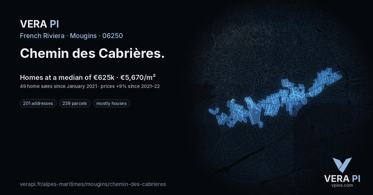 Chemin des Cabrières, Mougins at night – every parcel coloured by the prices around it, the street's own parcels lit