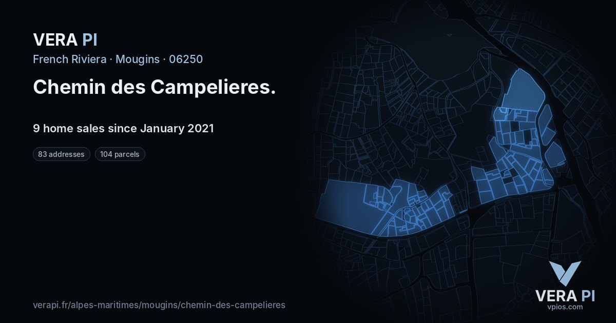 Chemin des Campelieres, Mougins at night – every parcel coloured by the prices around it, the street's own parcels lit