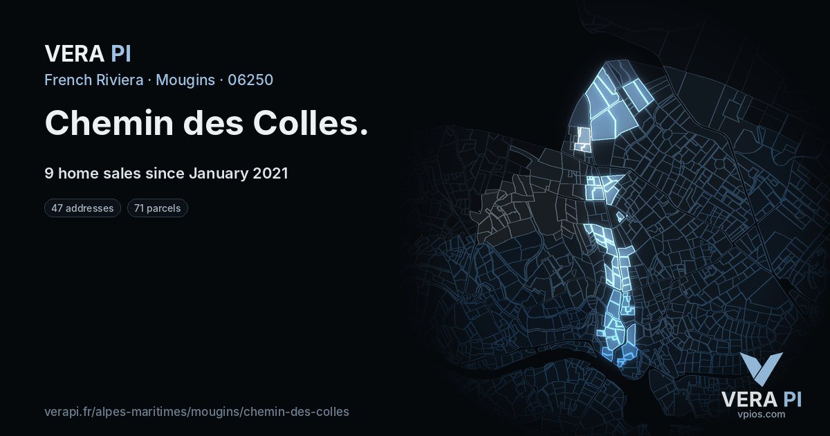 Chemin des Colles, Mougins at night – every parcel coloured by the prices around it, the street's own parcels lit