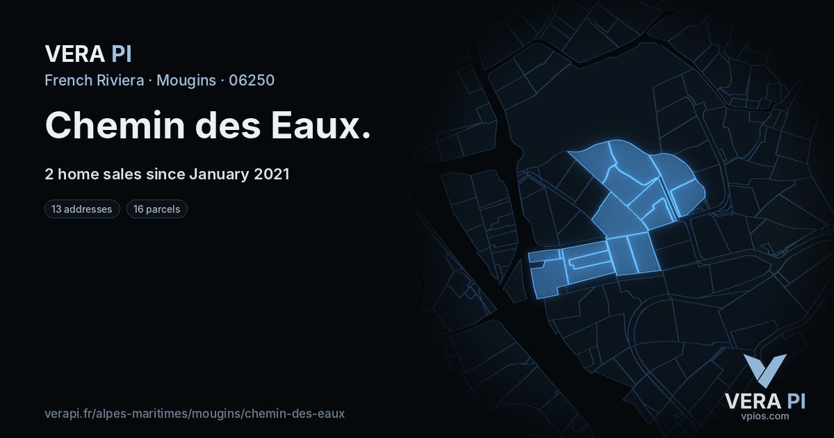 Chemin des Eaux, Mougins at night – every parcel coloured by the prices around it, the street's own parcels lit