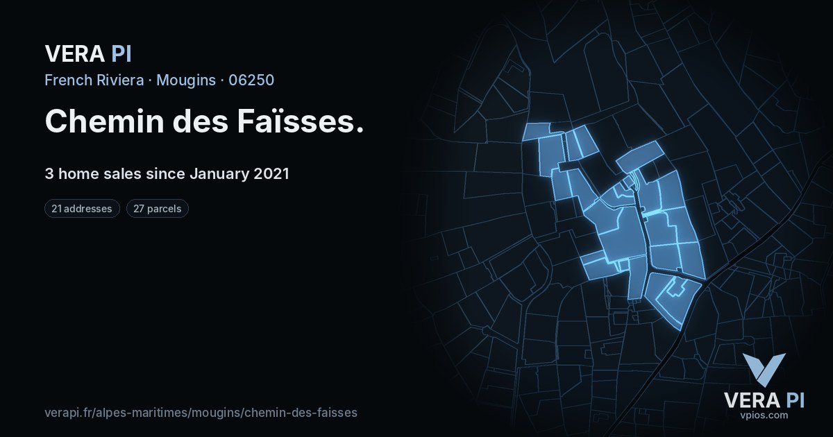 Chemin des Faïsses, Mougins at night – every parcel coloured by the prices around it, the street's own parcels lit