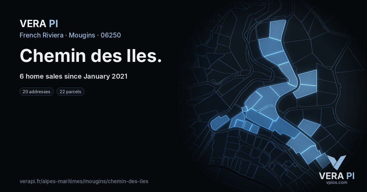 Chemin des Iles, Mougins at night – every parcel coloured by the prices around it, the street's own parcels lit
