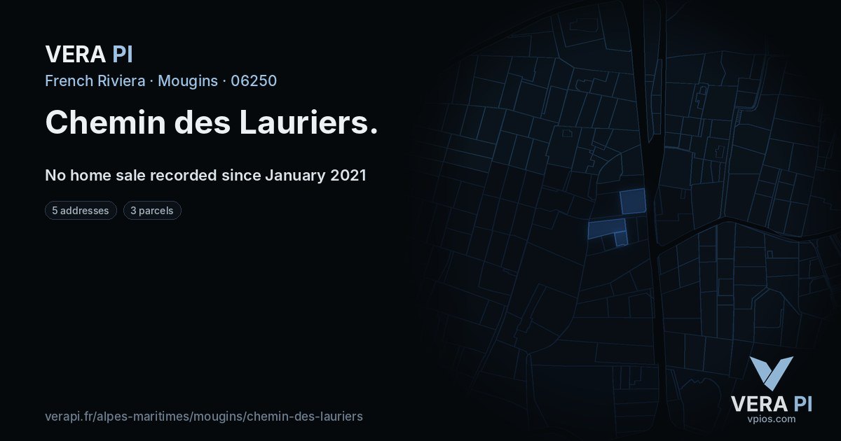 Chemin des Lauriers, Mougins at night – every parcel coloured by the prices around it, the street's own parcels lit