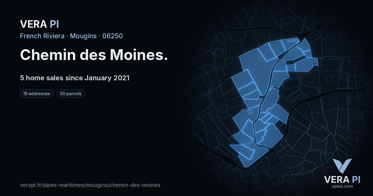 Chemin des Moines, Mougins at night – every parcel coloured by the prices around it, the street's own parcels lit