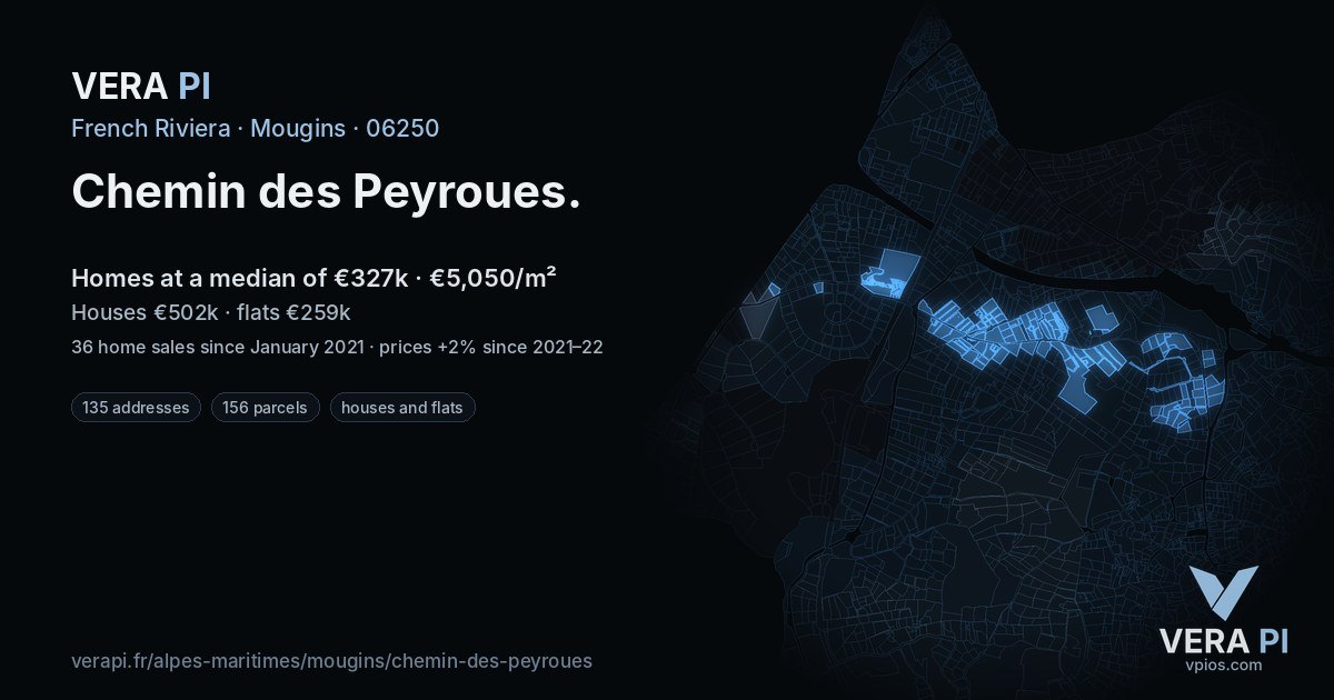 Chemin des Peyroues, Mougins at night – every parcel coloured by the prices around it, the street's own parcels lit