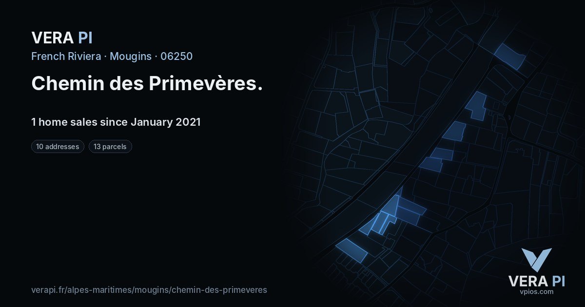 Chemin des Primevères, Mougins at night – every parcel coloured by the prices around it, the street's own parcels lit