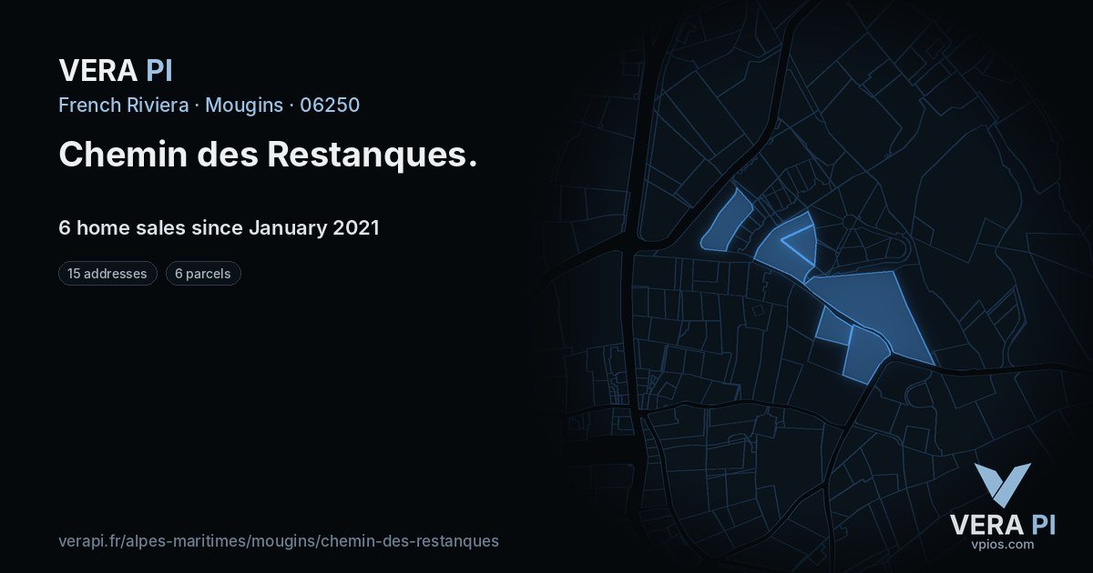 Chemin des Restanques, Mougins at night – every parcel coloured by the prices around it, the street's own parcels lit