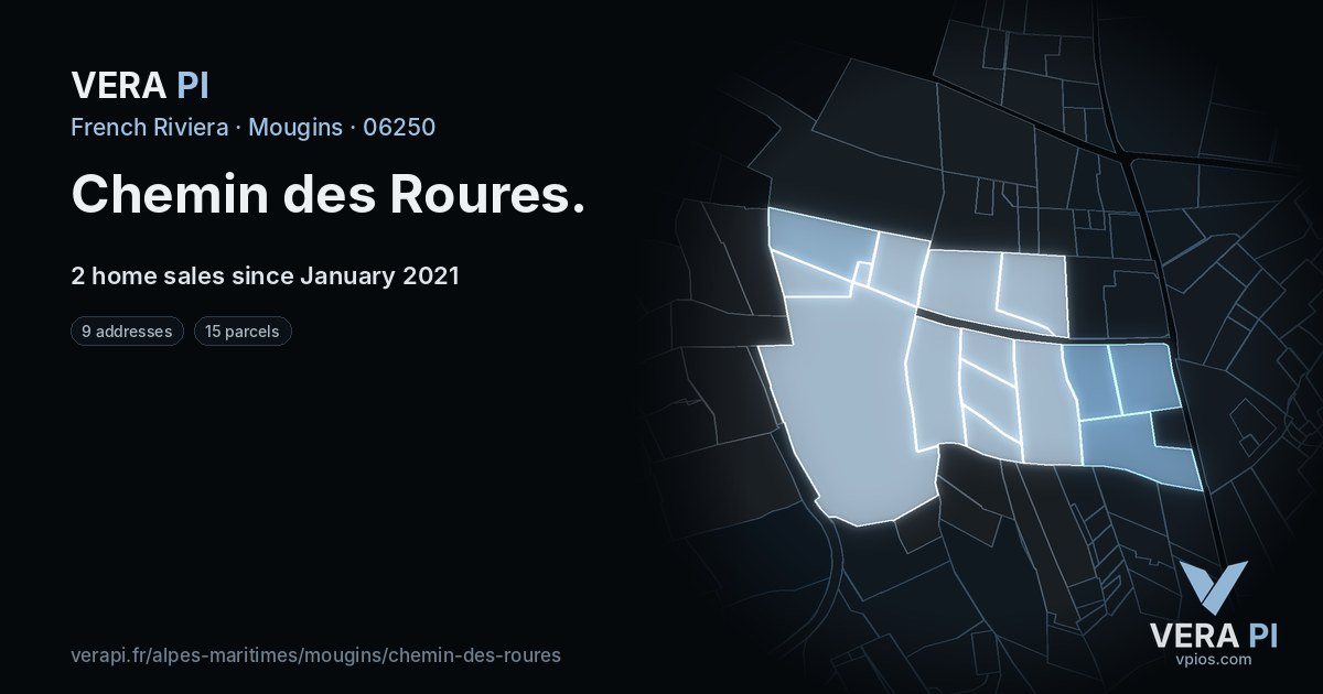 Chemin des Roures, Mougins at night – every parcel coloured by the prices around it, the street's own parcels lit