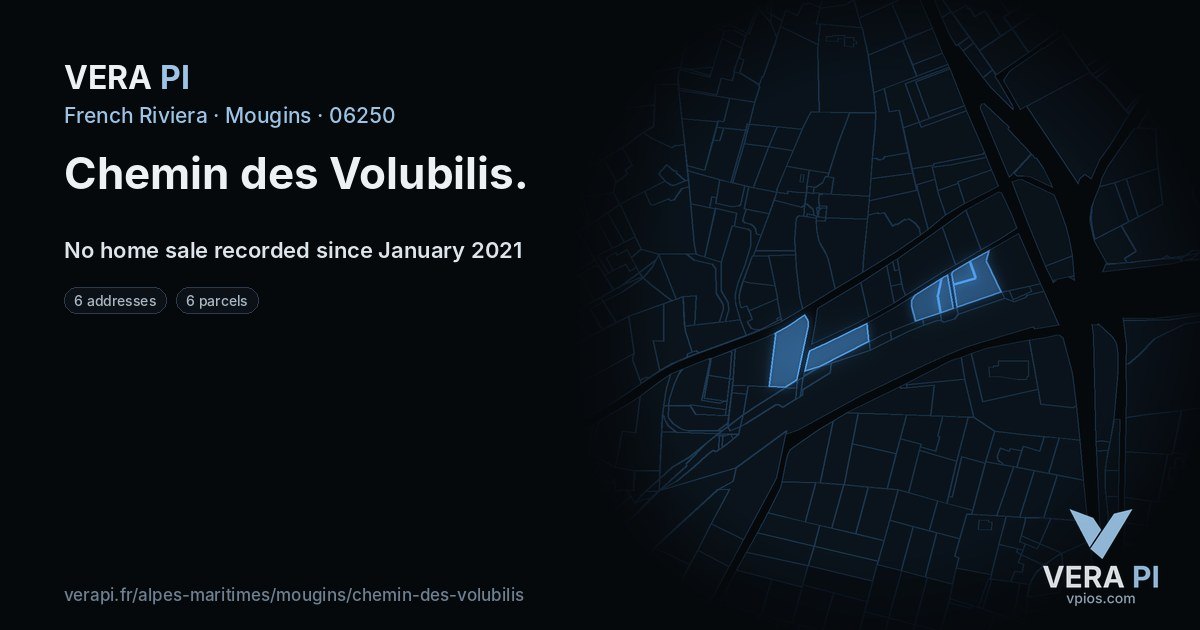 Chemin des Volubilis, Mougins at night – every parcel coloured by the prices around it, the street's own parcels lit