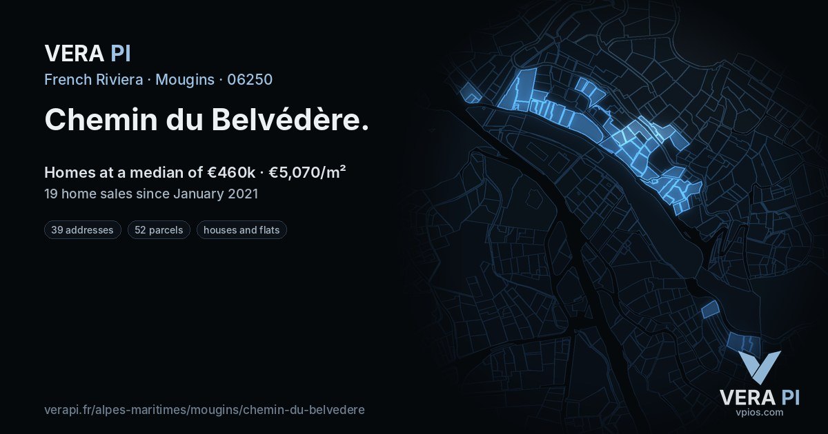 Chemin du Belvédère, Mougins at night – every parcel coloured by the prices around it, the street's own parcels lit