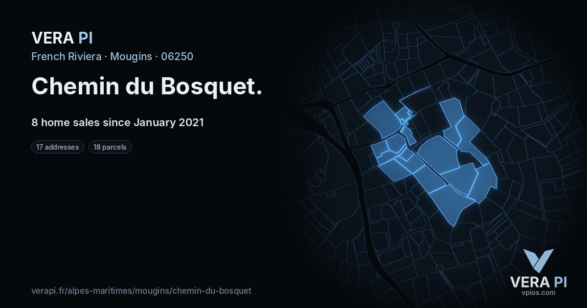 Chemin du Bosquet, Mougins at night – every parcel coloured by the prices around it, the street's own parcels lit