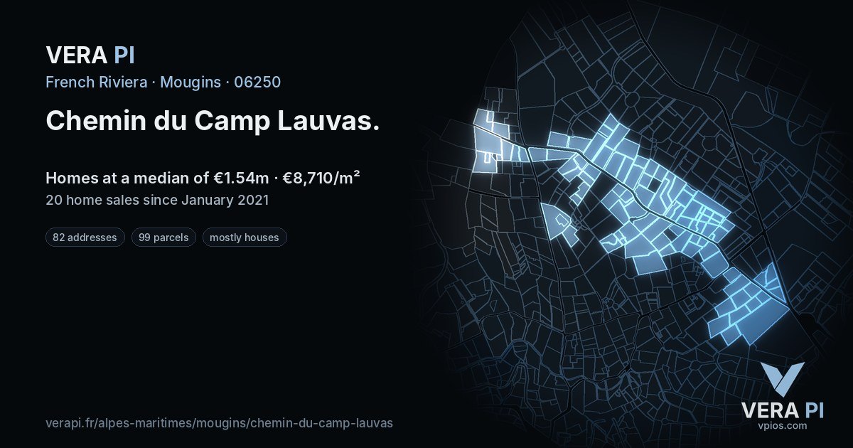 Chemin du Camp Lauvas, Mougins at night – every parcel coloured by the prices around it, the street's own parcels lit
