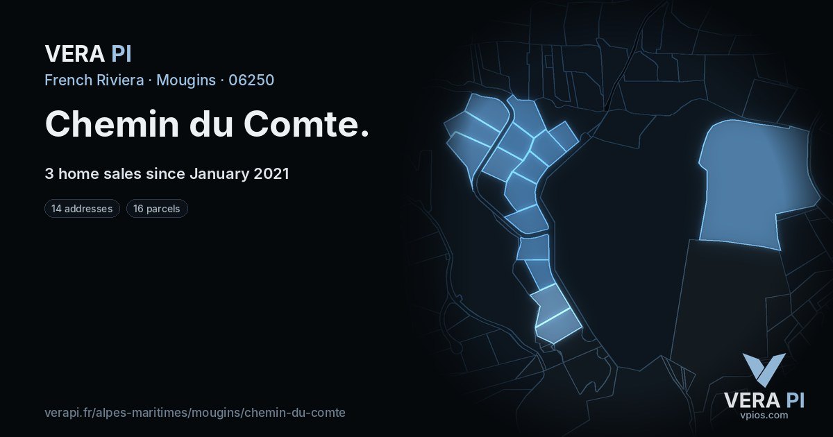 Chemin du Comte, Mougins at night – every parcel coloured by the prices around it, the street's own parcels lit