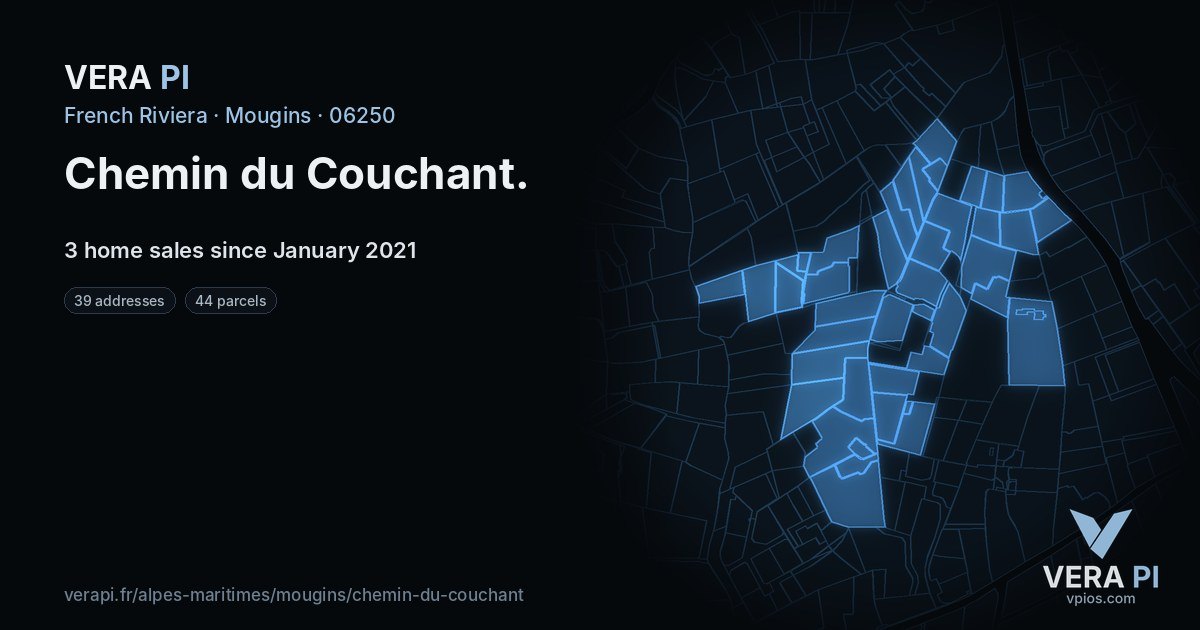 Chemin du Couchant, Mougins at night – every parcel coloured by the prices around it, the street's own parcels lit