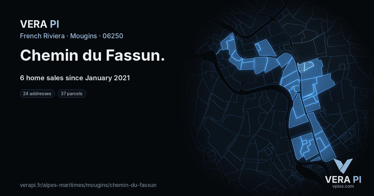 Chemin du Fassun, Mougins at night – every parcel coloured by the prices around it, the street's own parcels lit
