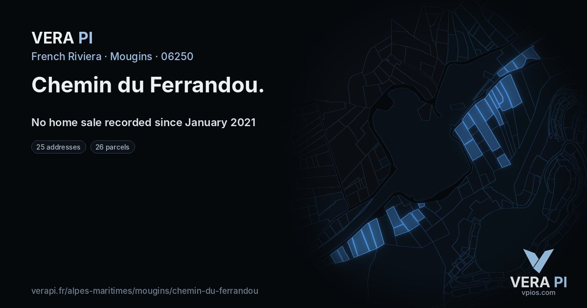 Chemin du Ferrandou, Mougins at night – every parcel coloured by the prices around it, the street's own parcels lit