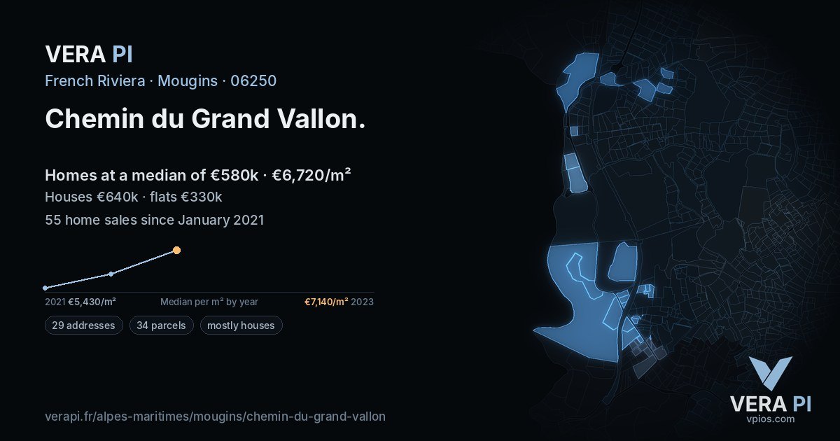 Chemin du Grand Vallon, Mougins at night – every parcel coloured by the prices around it, the street's own parcels lit