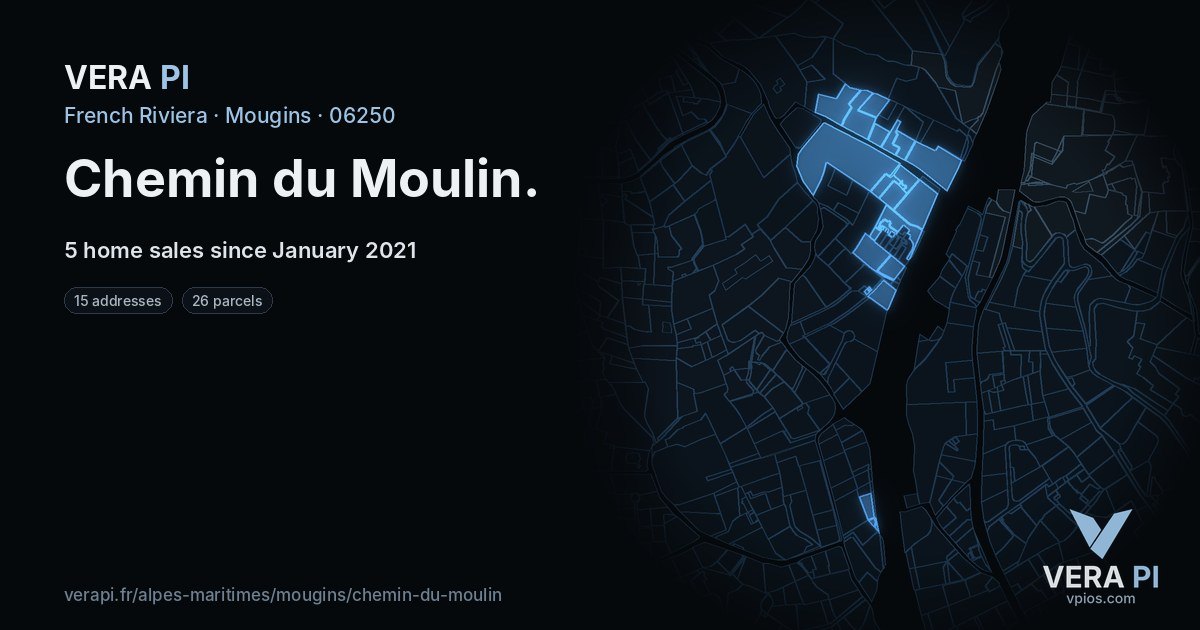Chemin du Moulin, Mougins at night – every parcel coloured by the prices around it, the street's own parcels lit