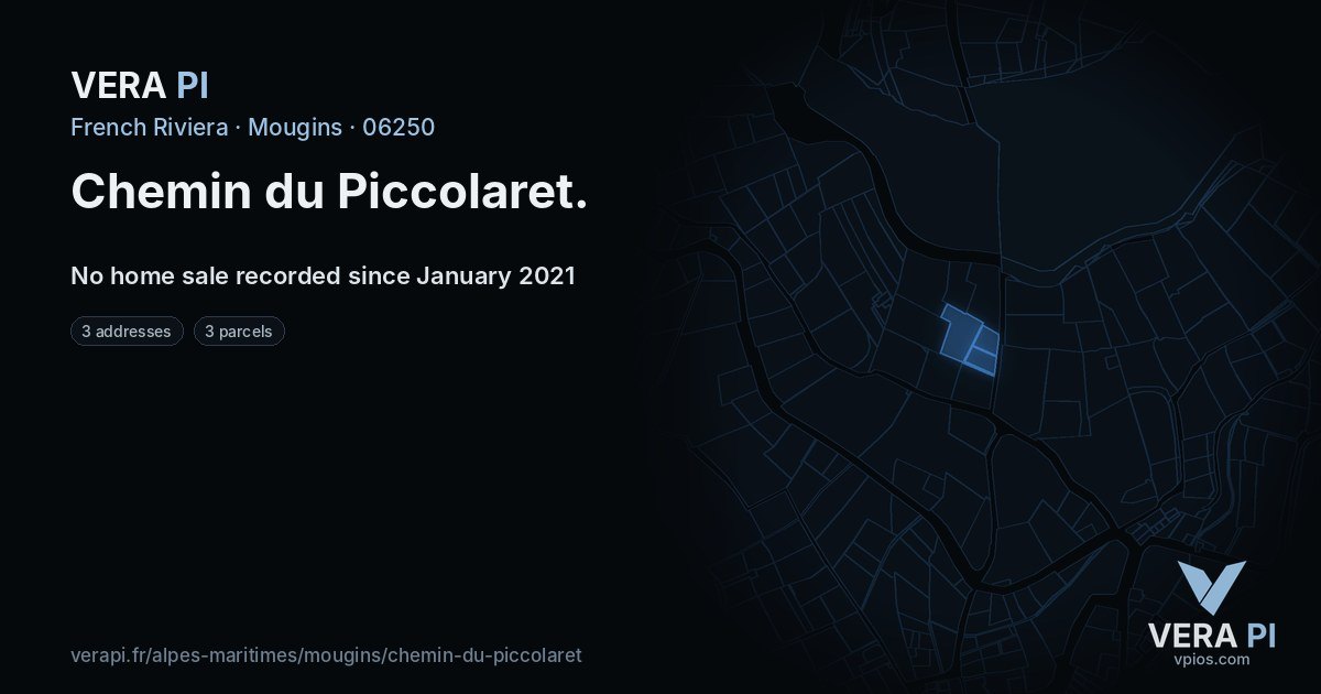 Chemin du Piccolaret, Mougins at night – every parcel coloured by the prices around it, the street's own parcels lit