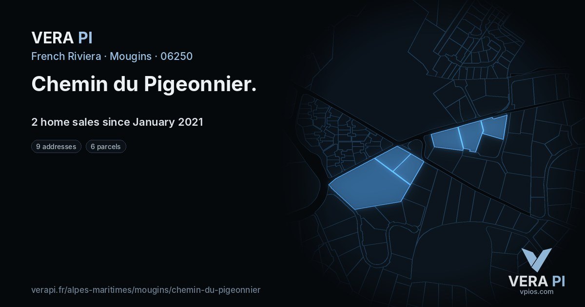 Chemin du Pigeonnier, Mougins at night – every parcel coloured by the prices around it, the street's own parcels lit