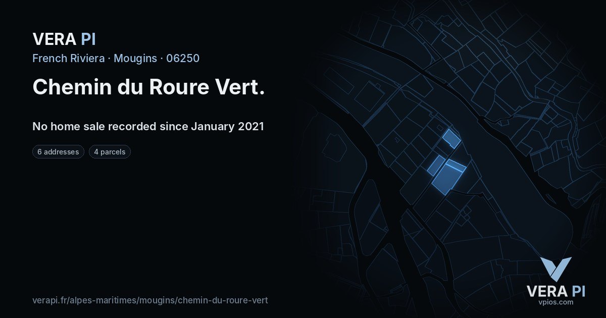 Chemin du Roure Vert, Mougins at night – every parcel coloured by the prices around it, the street's own parcels lit