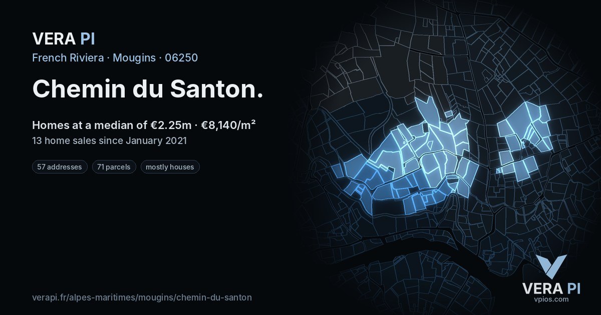 Chemin du Santon, Mougins at night – every parcel coloured by the prices around it, the street's own parcels lit