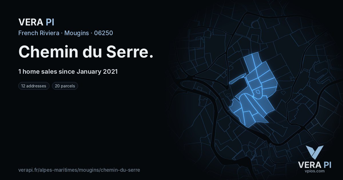 Chemin du Serre, Mougins at night – every parcel coloured by the prices around it, the street's own parcels lit