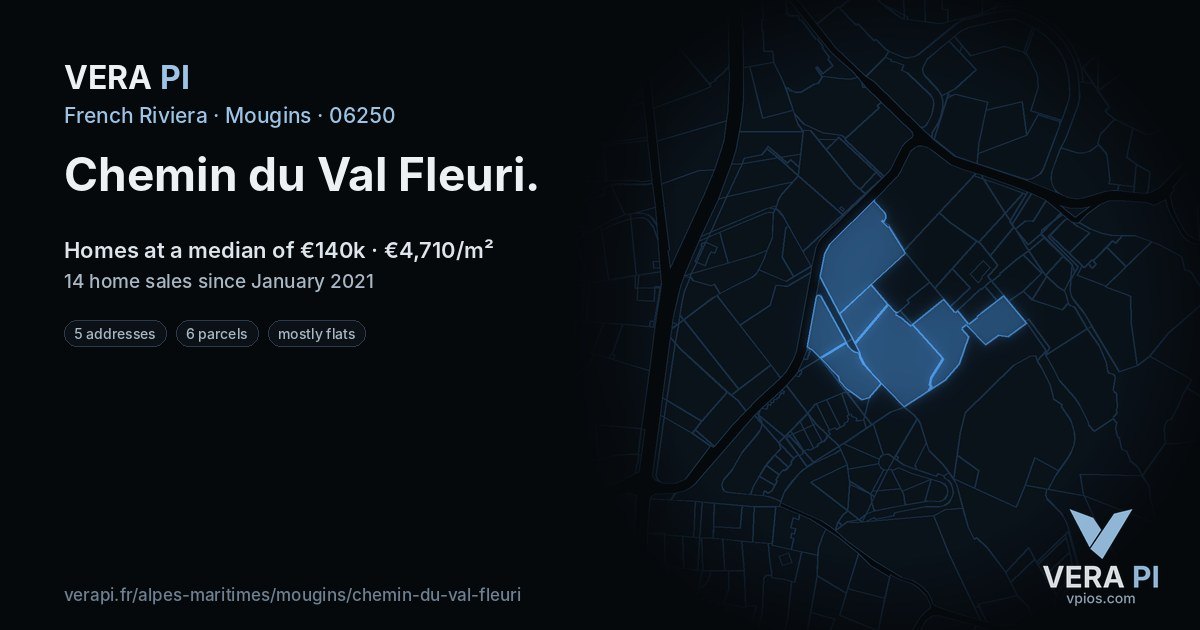 Chemin du Val Fleuri, Mougins at night – every parcel coloured by the prices around it, the street's own parcels lit