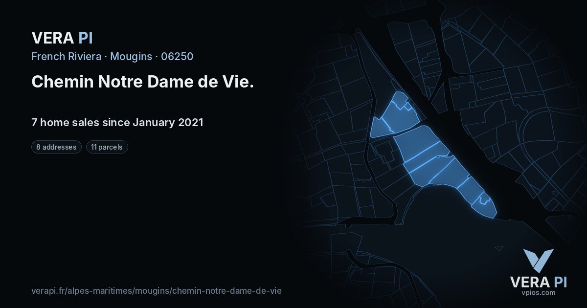 Chemin Notre Dame de Vie, Mougins at night – every parcel coloured by the prices around it, the street's own parcels lit