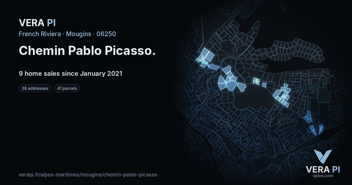 Chemin Pablo Picasso, Mougins at night – every parcel coloured by the prices around it, the street's own parcels lit