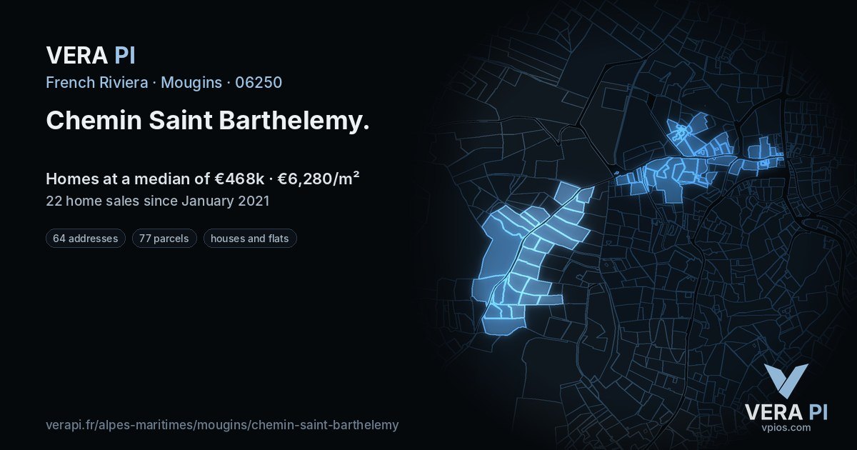 Chemin Saint Barthelemy, Mougins at night – every parcel coloured by the prices around it, the street's own parcels lit