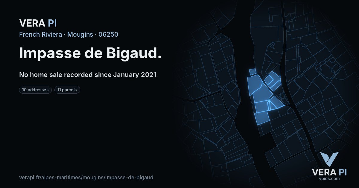 Impasse de Bigaud, Mougins at night – every parcel coloured by the prices around it, the street's own parcels lit