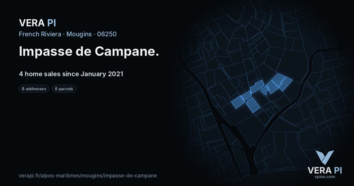 Impasse de Campane, Mougins at night – every parcel coloured by the prices around it, the street's own parcels lit