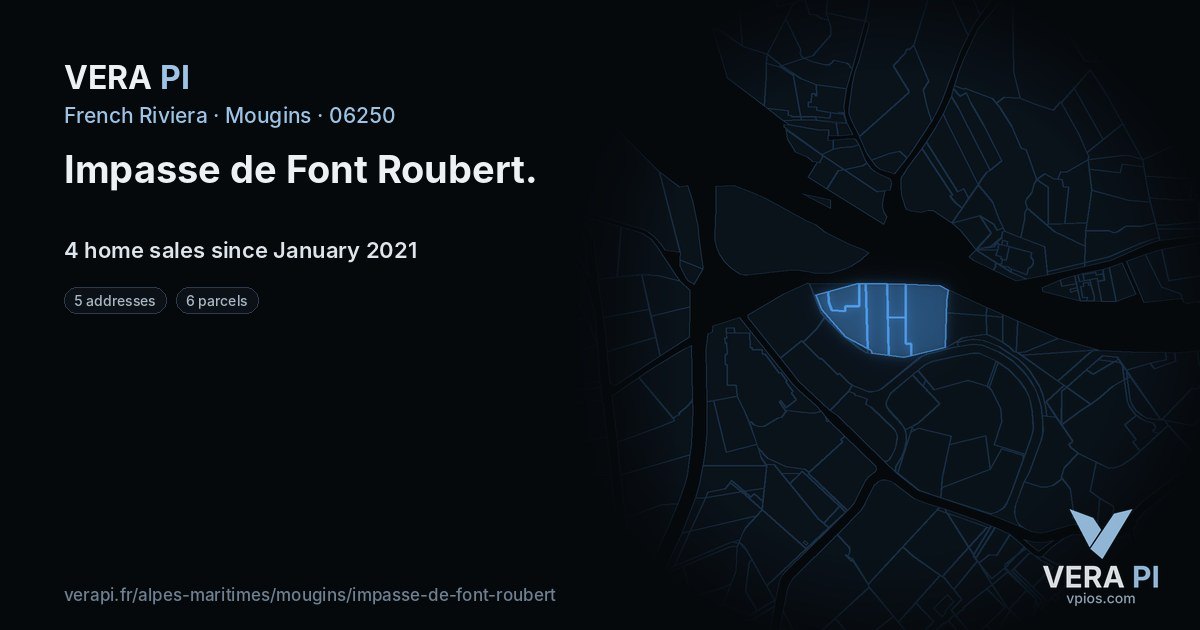 Impasse de Font Roubert, Mougins at night – every parcel coloured by the prices around it, the street's own parcels lit