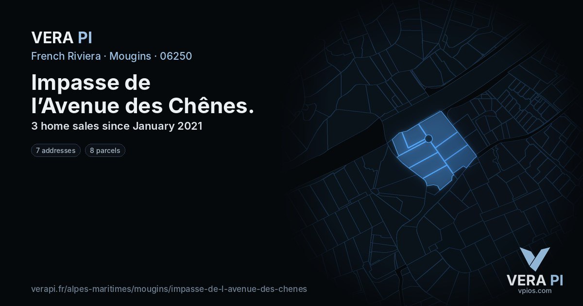 Impasse de l’Avenue des Chênes, Mougins at night – every parcel coloured by the prices around it, the street's own parcels lit