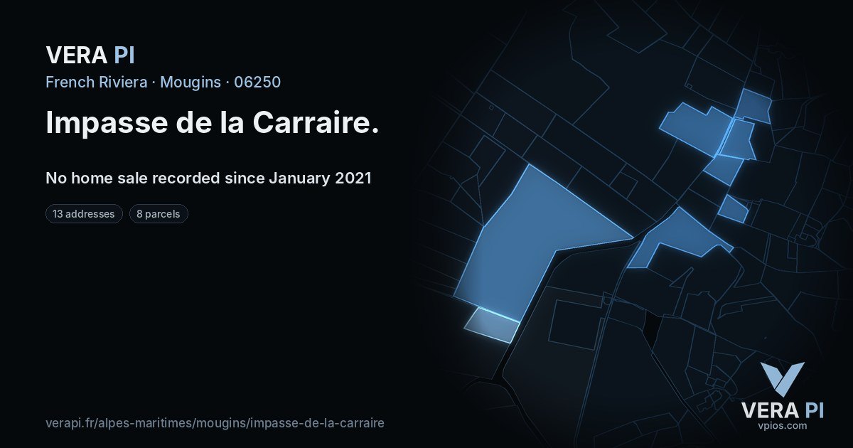 Impasse de la Carraire, Mougins at night – every parcel coloured by the prices around it, the street's own parcels lit