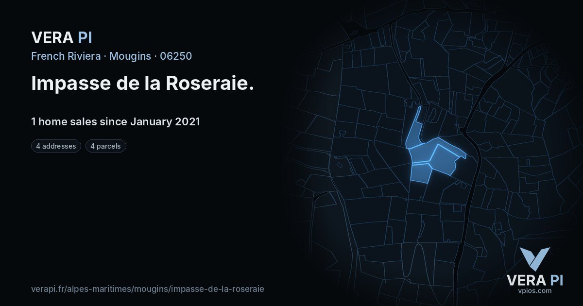 Impasse de la Roseraie, Mougins at night – every parcel coloured by the prices around it, the street's own parcels lit