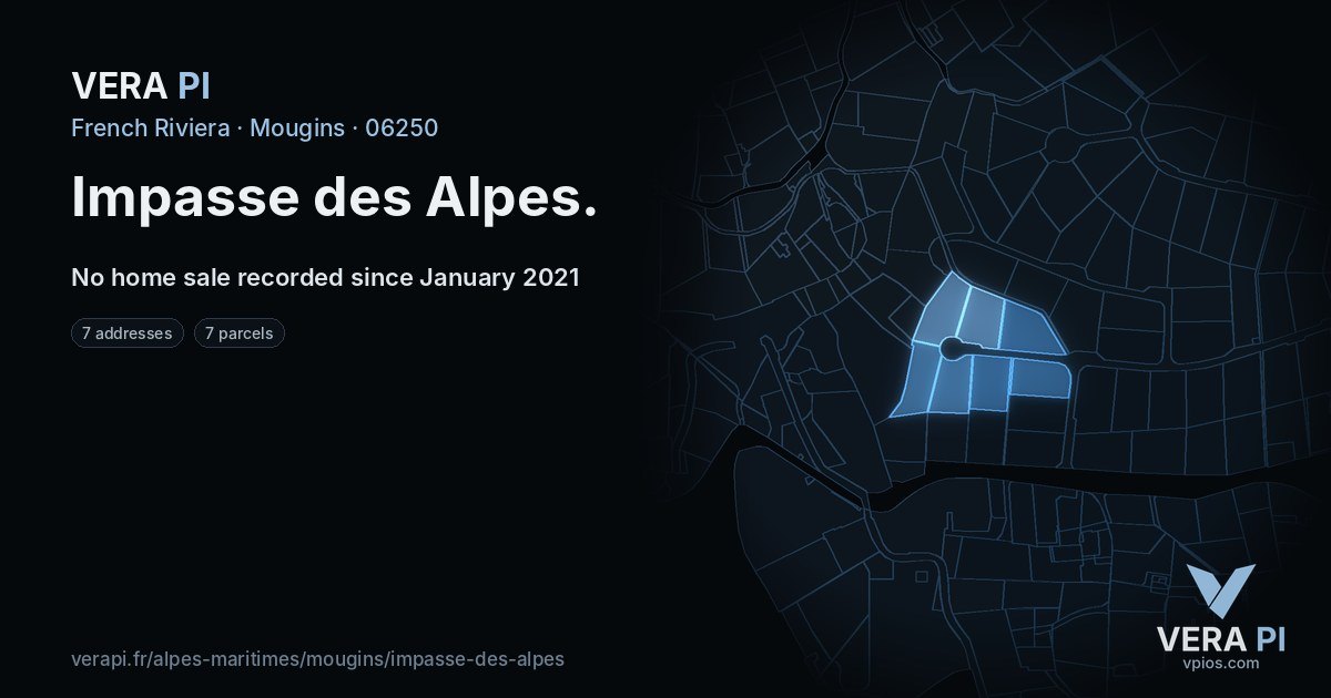 Impasse des Alpes, Mougins at night – every parcel coloured by the prices around it, the street's own parcels lit