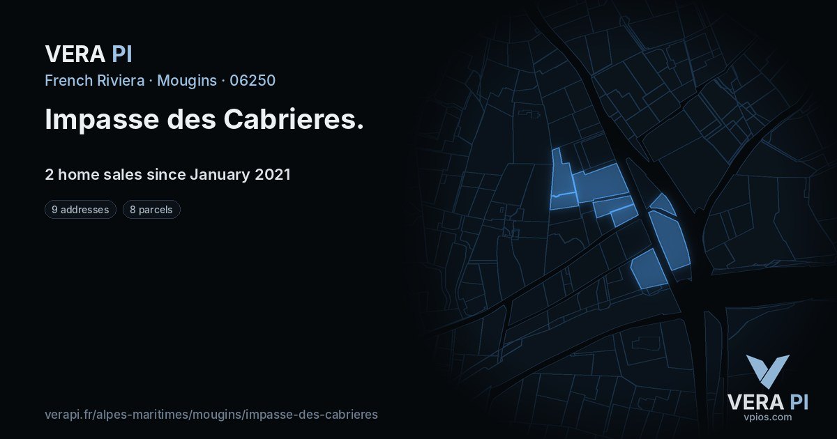 Impasse des Cabrieres, Mougins at night – every parcel coloured by the prices around it, the street's own parcels lit