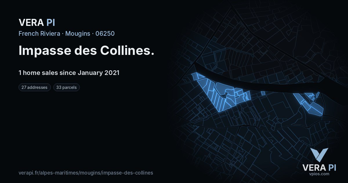 Impasse des Collines, Mougins at night – every parcel coloured by the prices around it, the street's own parcels lit