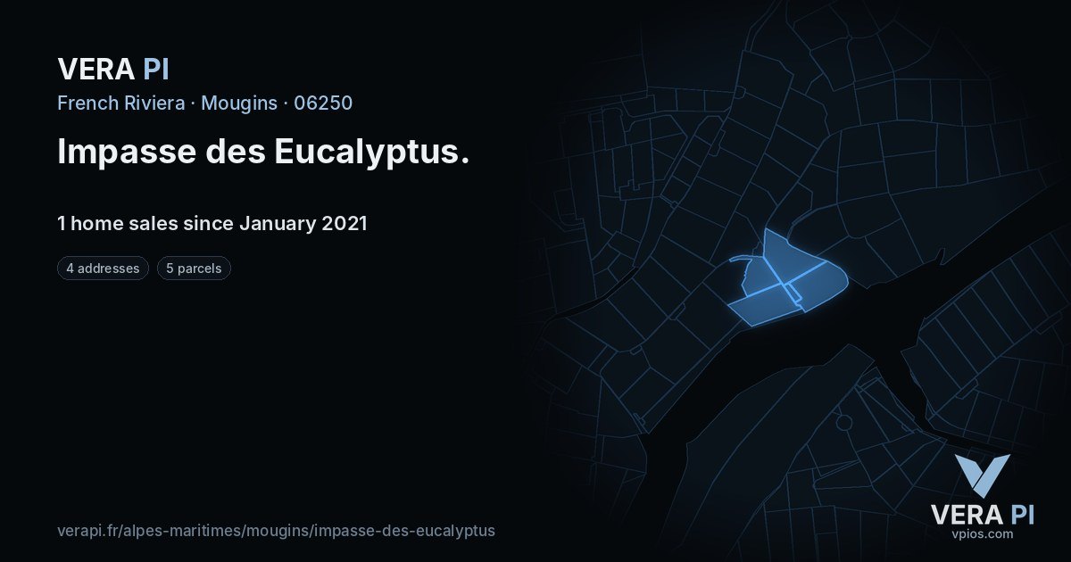 Impasse des Eucalyptus, Mougins at night – every parcel coloured by the prices around it, the street's own parcels lit