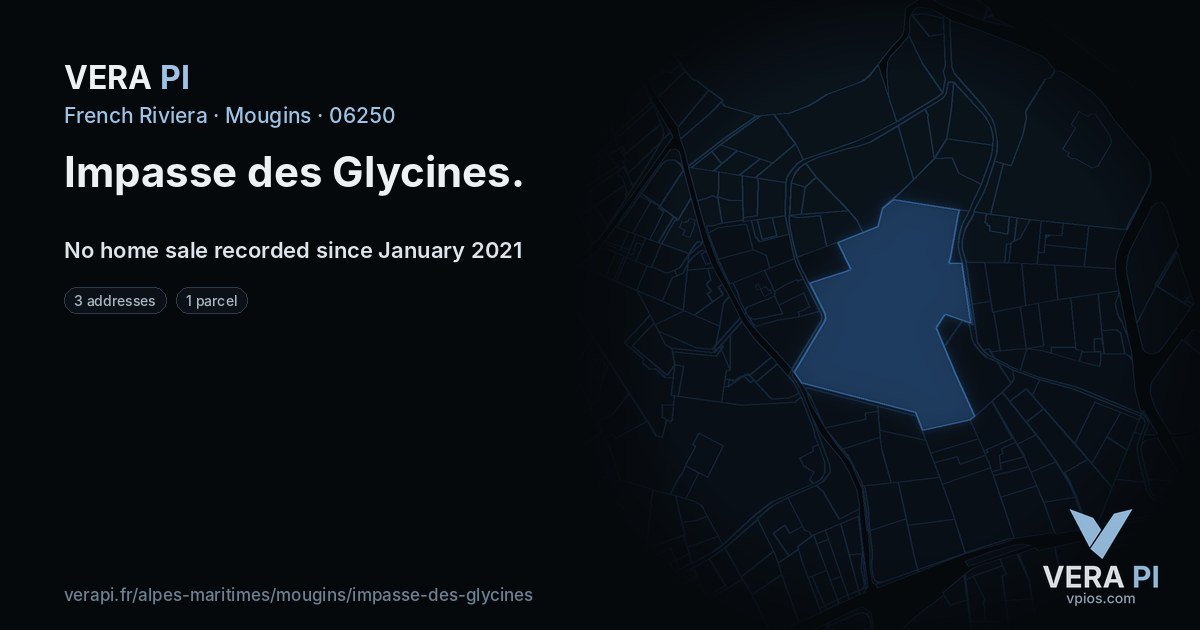 Impasse des Glycines, Mougins at night – every parcel coloured by the prices around it, the street's own parcels lit