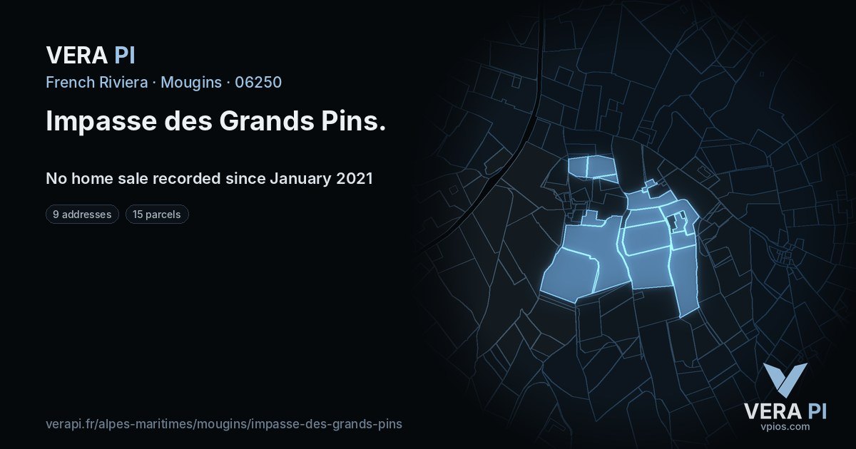Impasse des Grands Pins, Mougins at night – every parcel coloured by the prices around it, the street's own parcels lit