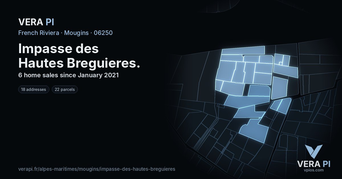 Impasse des Hautes Breguieres, Mougins at night – every parcel coloured by the prices around it, the street's own parcels lit