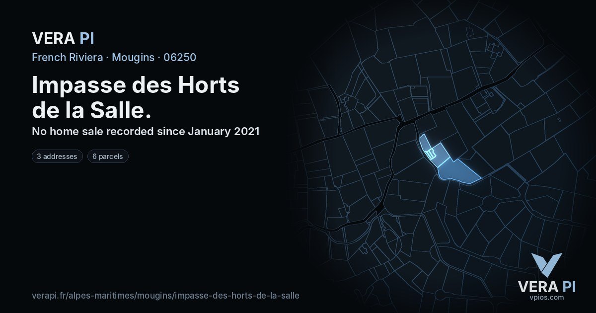 Impasse des Horts de la Salle, Mougins at night – every parcel coloured by the prices around it, the street's own parcels lit