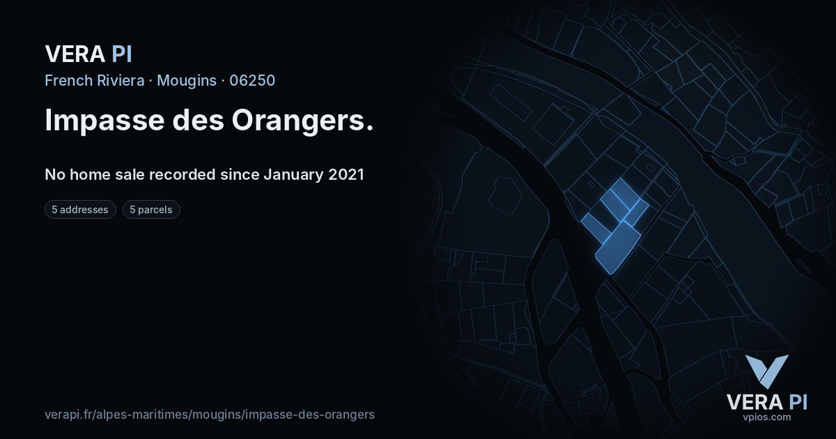 Impasse des Orangers, Mougins at night – every parcel coloured by the prices around it, the street's own parcels lit