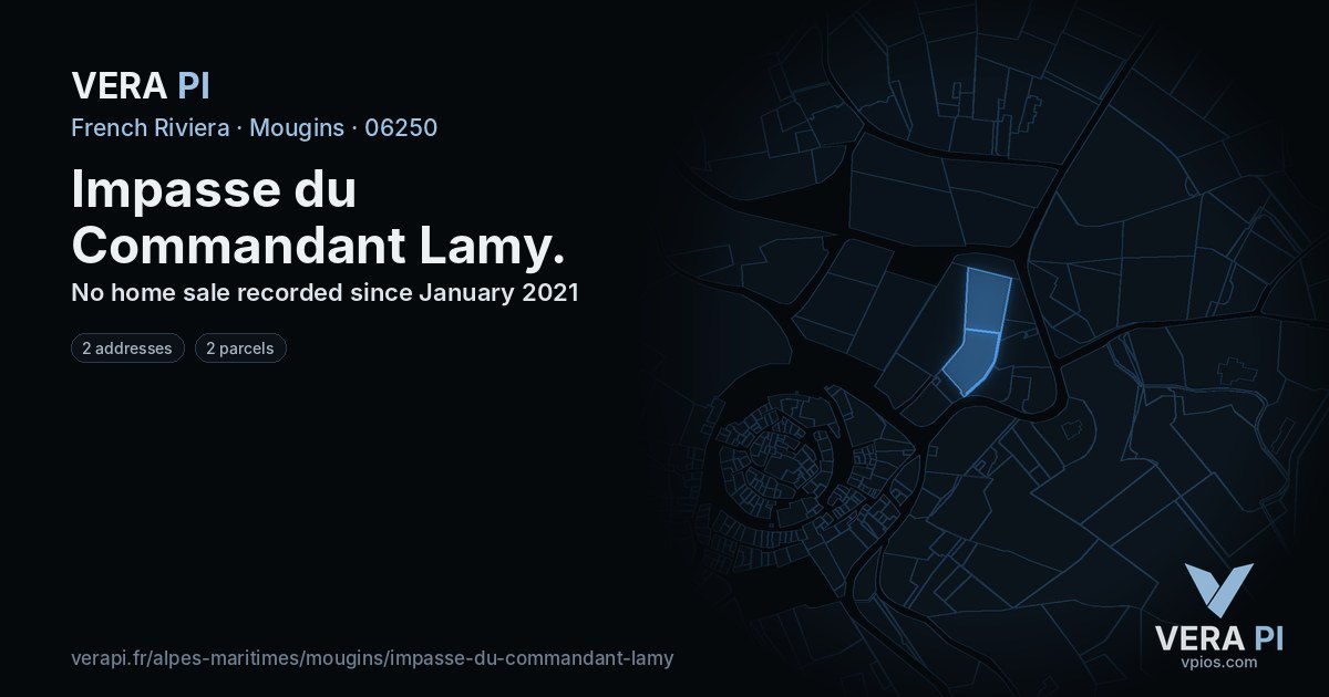 Impasse du Commandant Lamy, Mougins at night – every parcel coloured by the prices around it, the street's own parcels lit