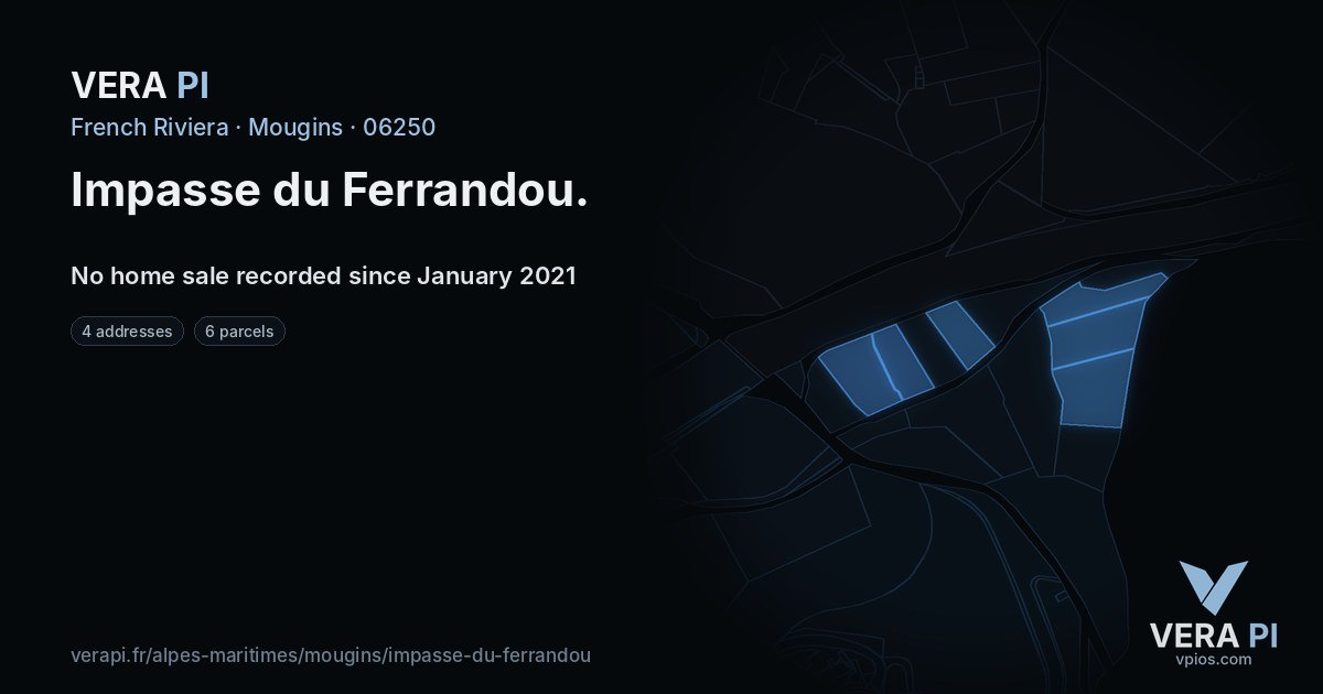 Impasse du Ferrandou, Mougins at night – every parcel coloured by the prices around it, the street's own parcels lit