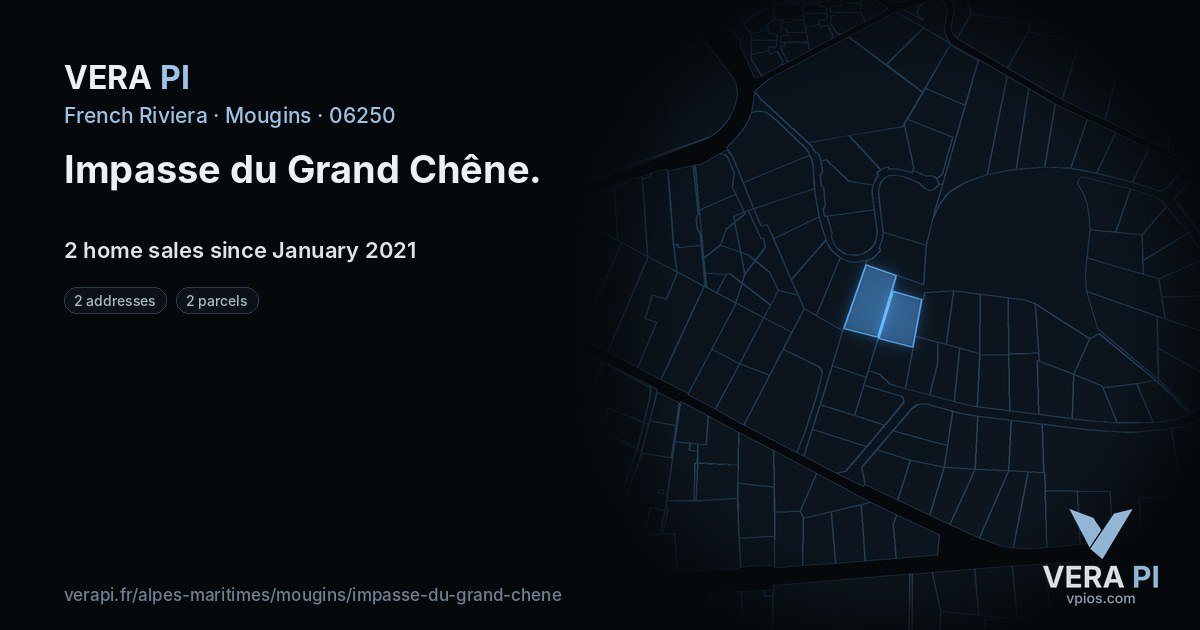Impasse du Grand Chêne, Mougins at night – every parcel coloured by the prices around it, the street's own parcels lit