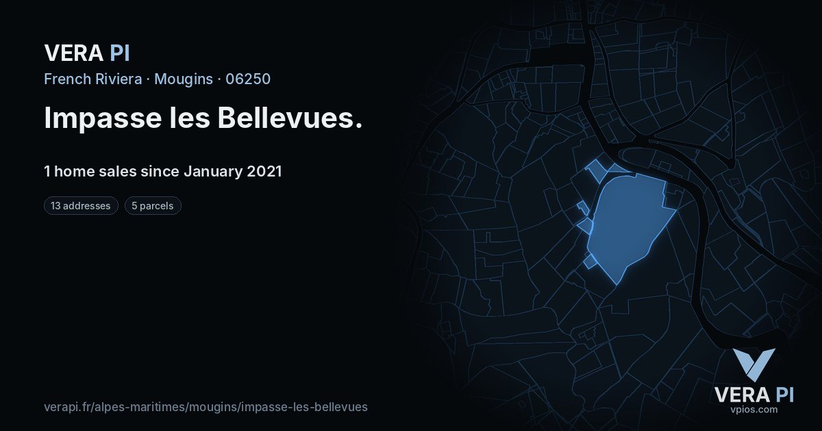 Impasse les Bellevues, Mougins at night – every parcel coloured by the prices around it, the street's own parcels lit